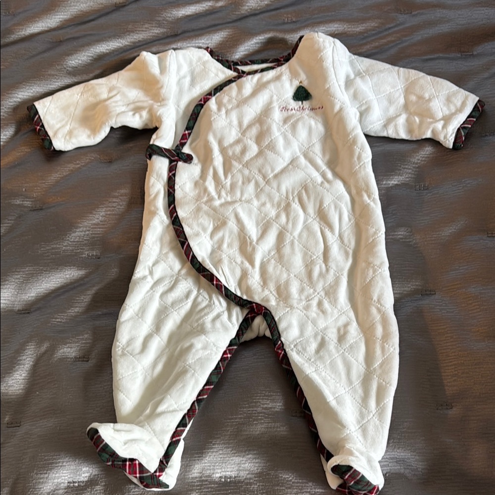 White Quilted Baby Onesie with Plaid Trim